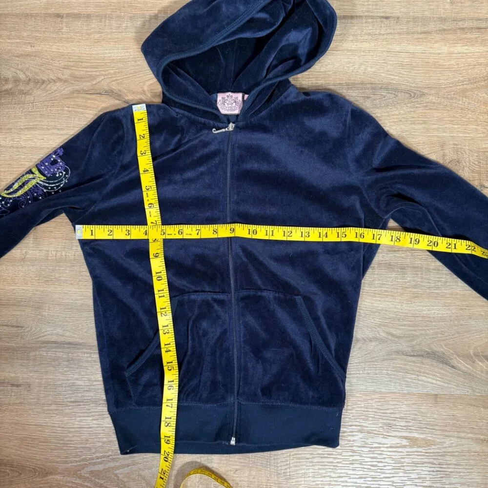 Juicy Couture Navy Blue Velour Hooded Zip Up Graphic Back Y2K XSP - Picture 5 of 9